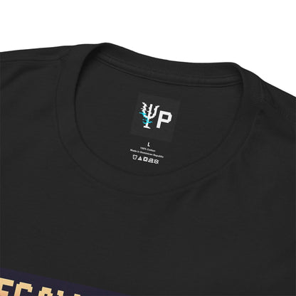 Pixelated Physics neck label inside the black Decay Dancer physics T-shirt