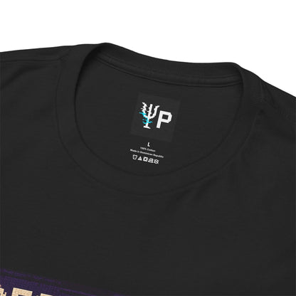 Pixelated Physics neck label inside the black Decoherex physics T-shirt