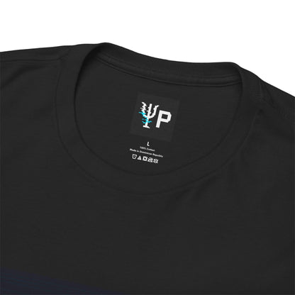 Pixelated Physics neck label inside the black Δ-X physics T-shirt