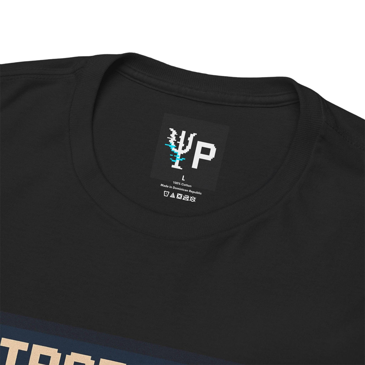 Pixelated Physics neck label inside the black Entropy Echo physics T-shirt