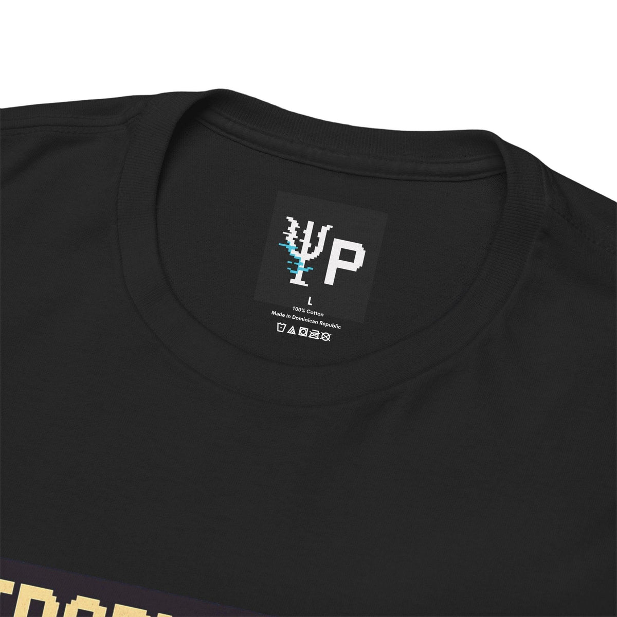 Pixelated Physics neck label inside the black Entropy Warden physics T-shirt