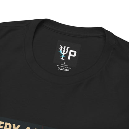 Pixelated Physics neck label inside the black Every Action Has... Me physics T-shirt