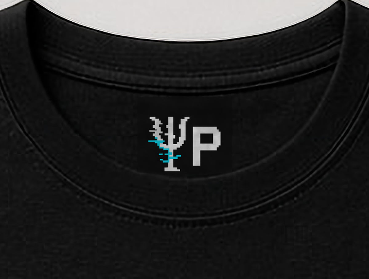 Pixelated Physics neck label inside the black Exclusor physics T-shirt