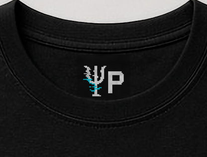 Pixelated Physics neck label inside the black Exclusor physics T-shirt