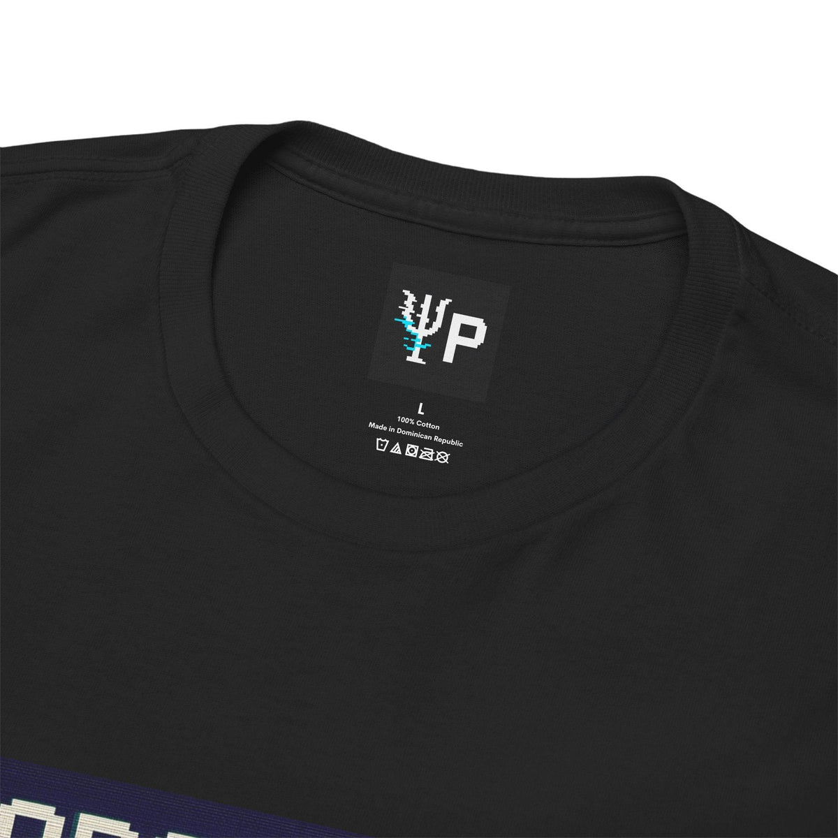 Pixelated Physics neck label inside the black ForceShift physics T-shirt