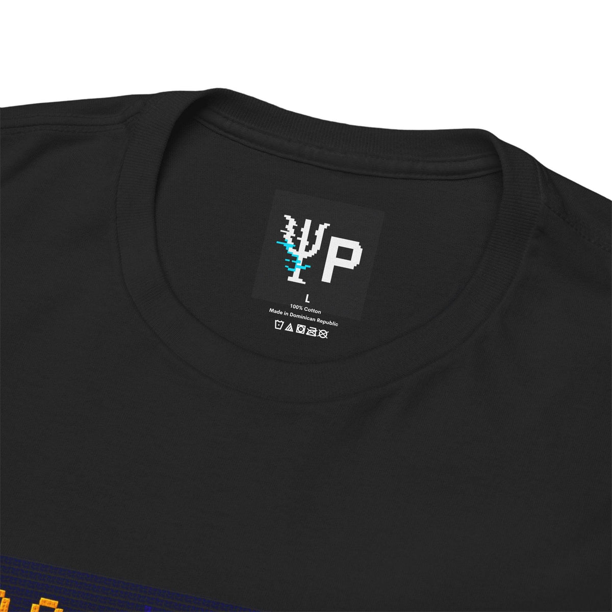 Pixelated Physics neck label inside the black Gravity's First Punch physics T-shirt