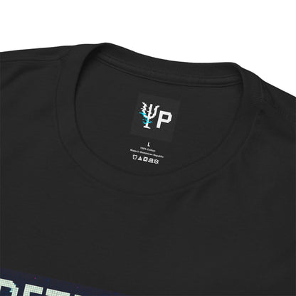Pixelated Physics neck label inside the black Indeterminax physics T-shirt