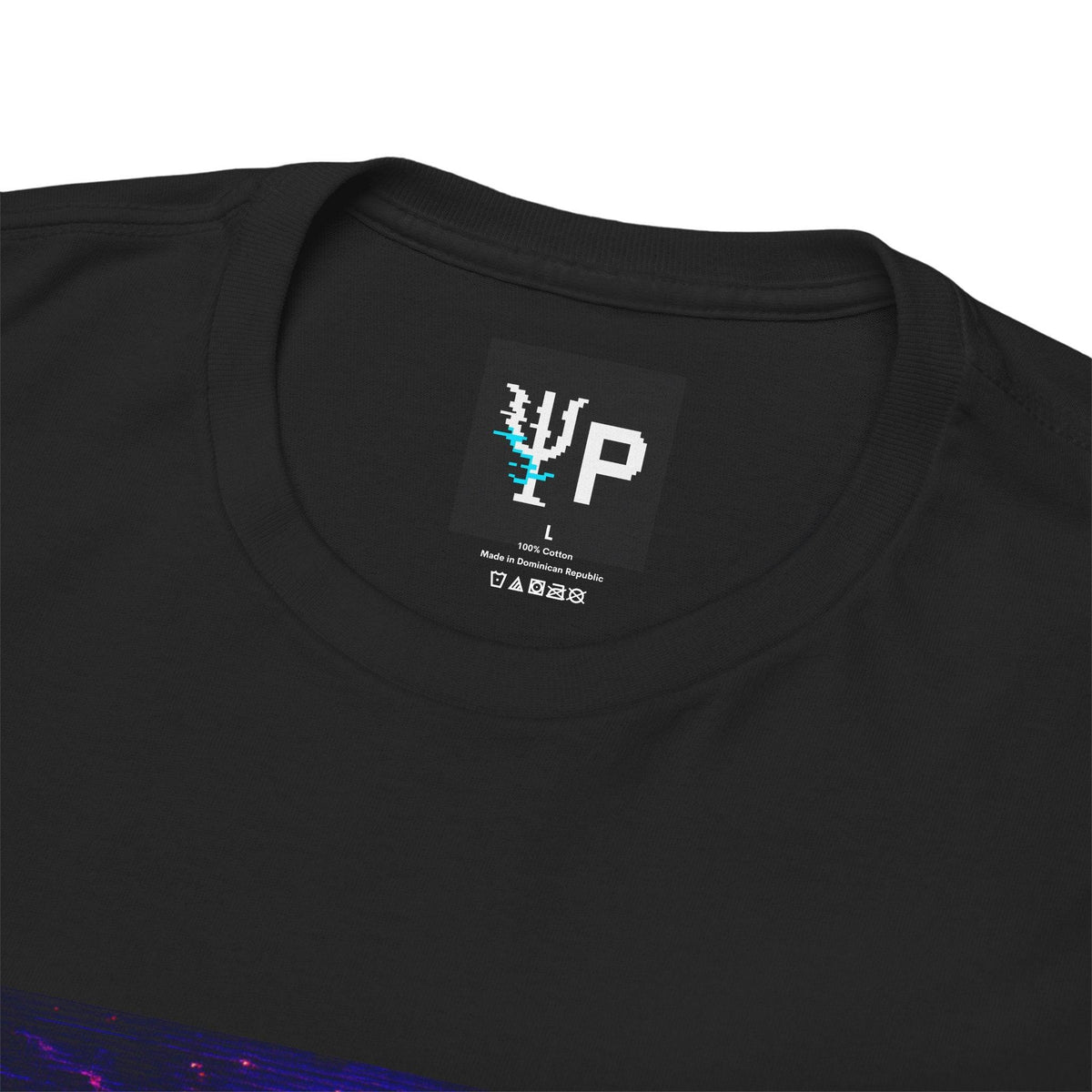 Pixelated Physics neck label inside the black The Lurker physics T-shirt
