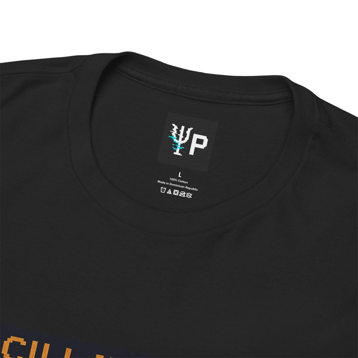 Pixelated Physics neck label inside the black Oscillayne physics T-shirt