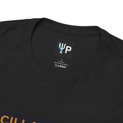 Pixelated Physics neck label inside the black Oscillayne physics T-shirt