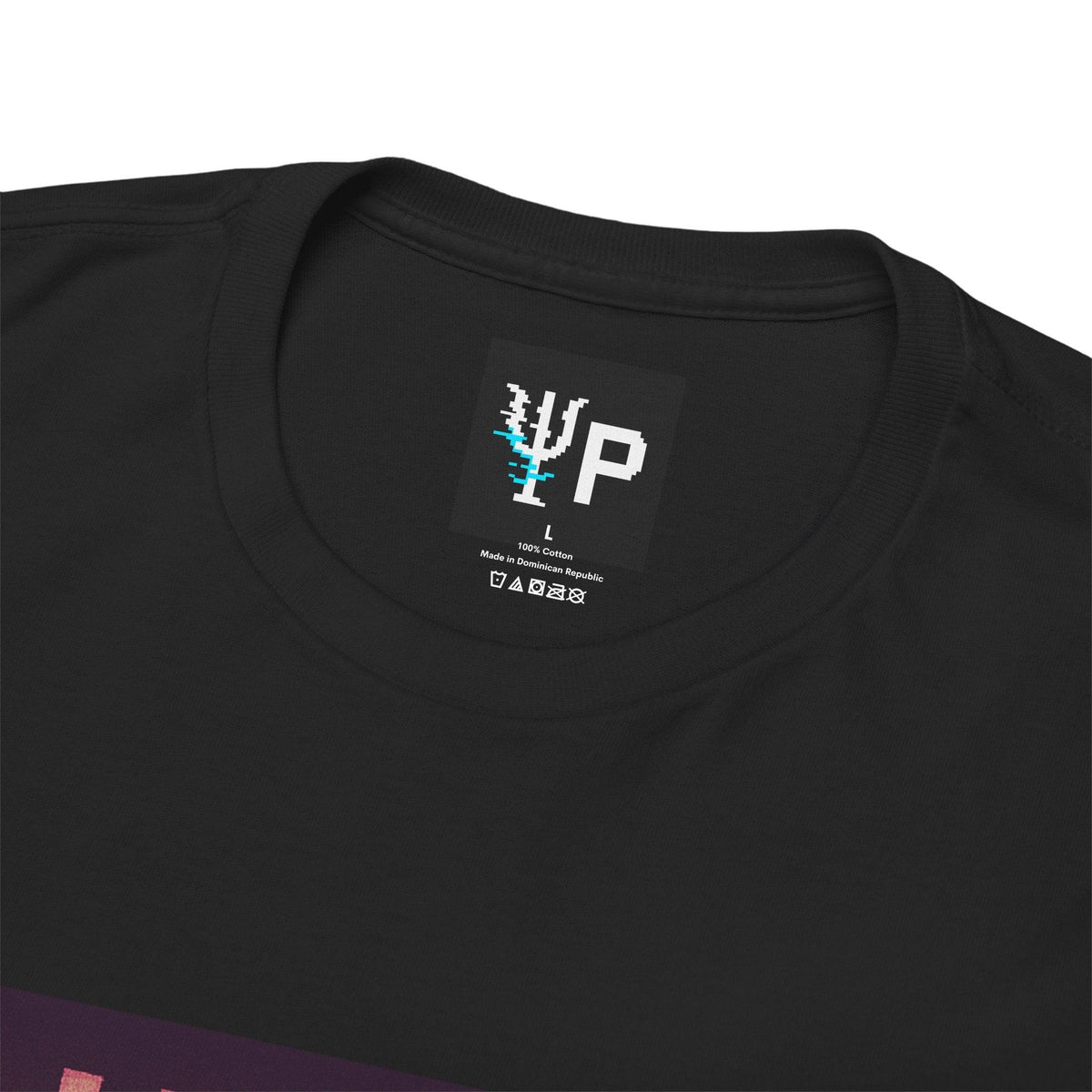 Pixelated Physics neck label inside the black Plasma Drift physics T-shirt
