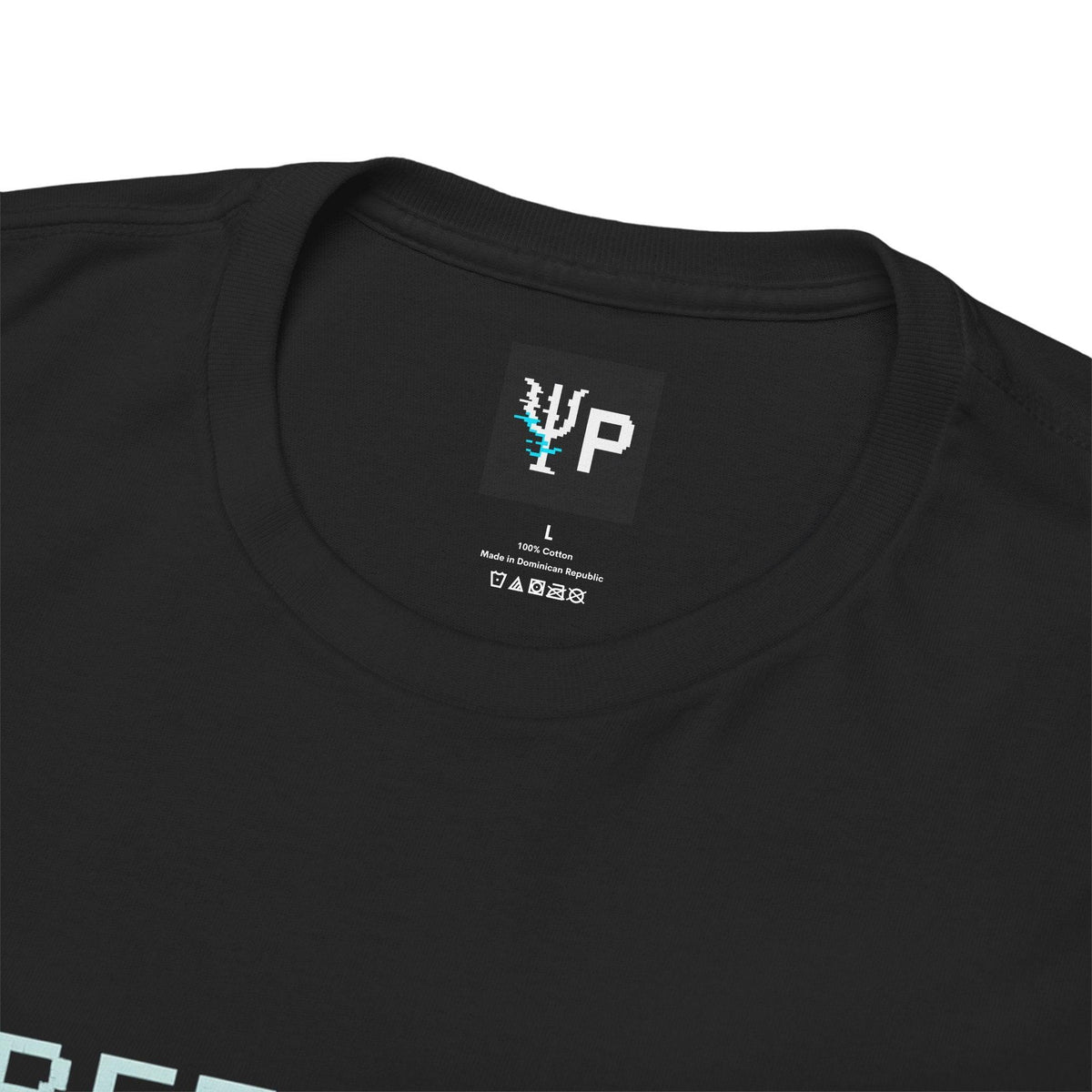Pixelated Physics neck label inside the black Reflexia physics T-shirt