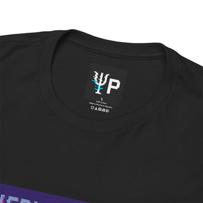 Pixelated Physics neck label inside the black Thermal Mirage physics T-shirt