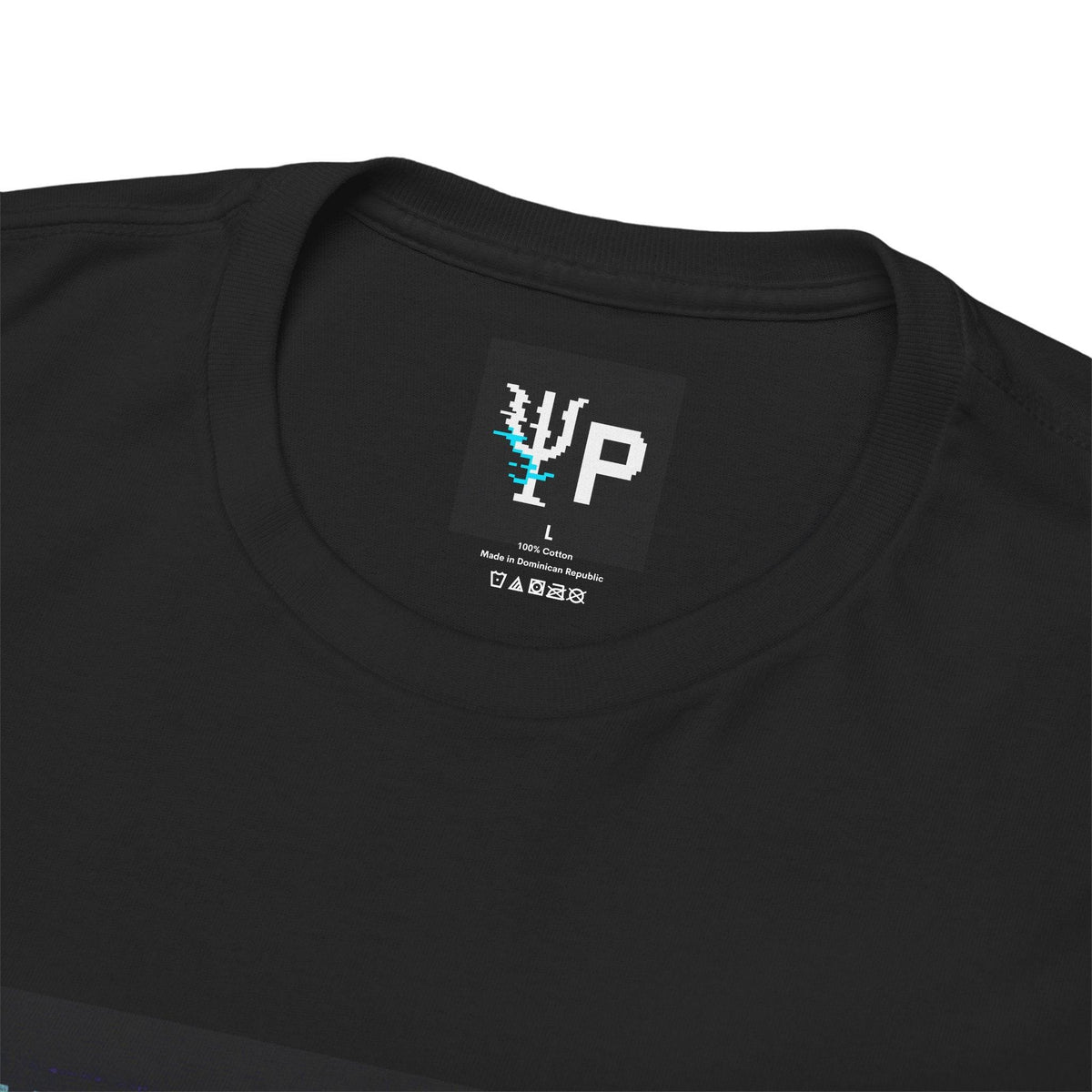 Pixelated Physics neck label inside the black Void Whisperer physics T-shirt
