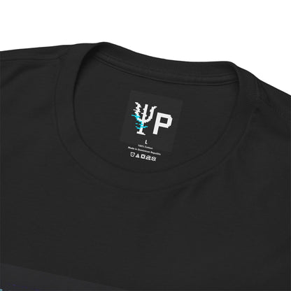 Pixelated Physics neck label inside the black Void Whisperer physics T-shirt