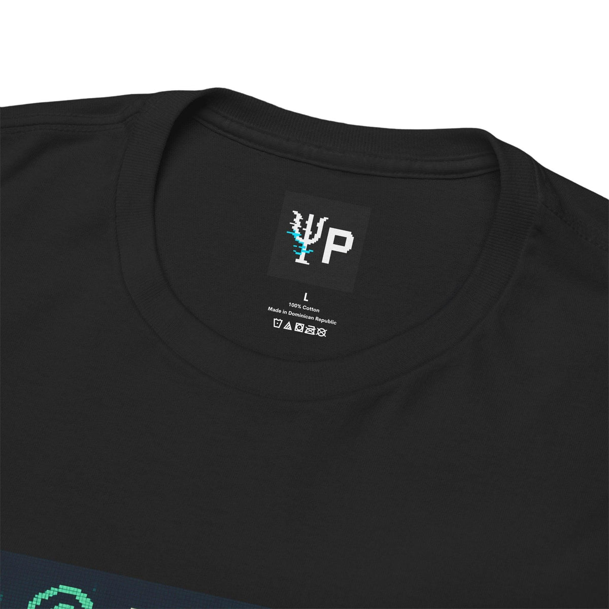 Pixelated Physics neck label inside the black W-ZED physics T-shirt