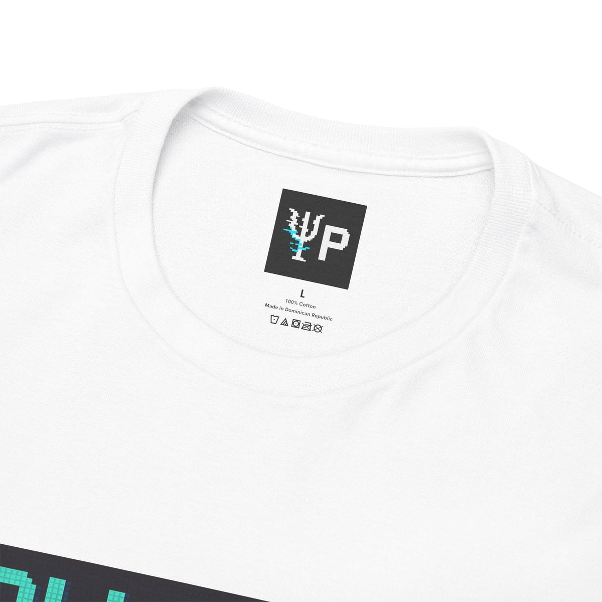 Pixelated Physics neck label inside the white Collapsea physics T-shirt