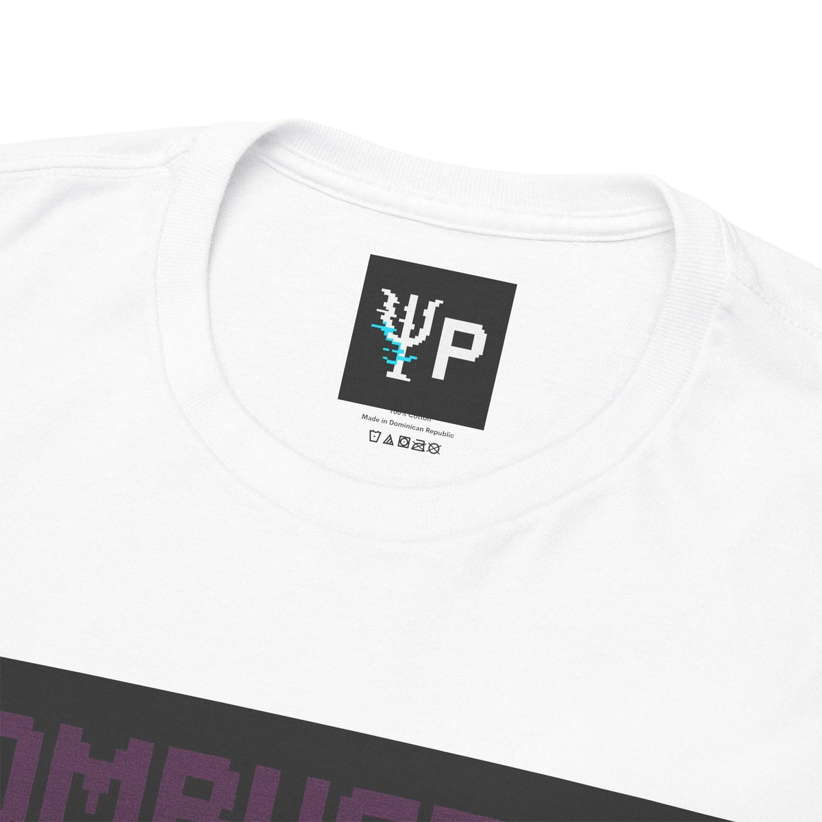 Pixelated Physics neck label inside the white Combustor physics T-shirt