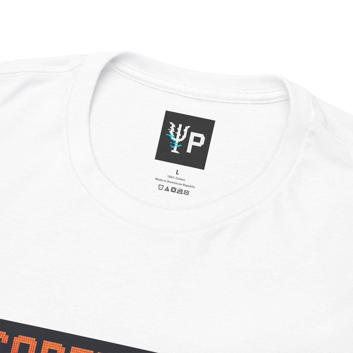 Pixelated Physics neck label inside the white Corekeeper physics T-shirt