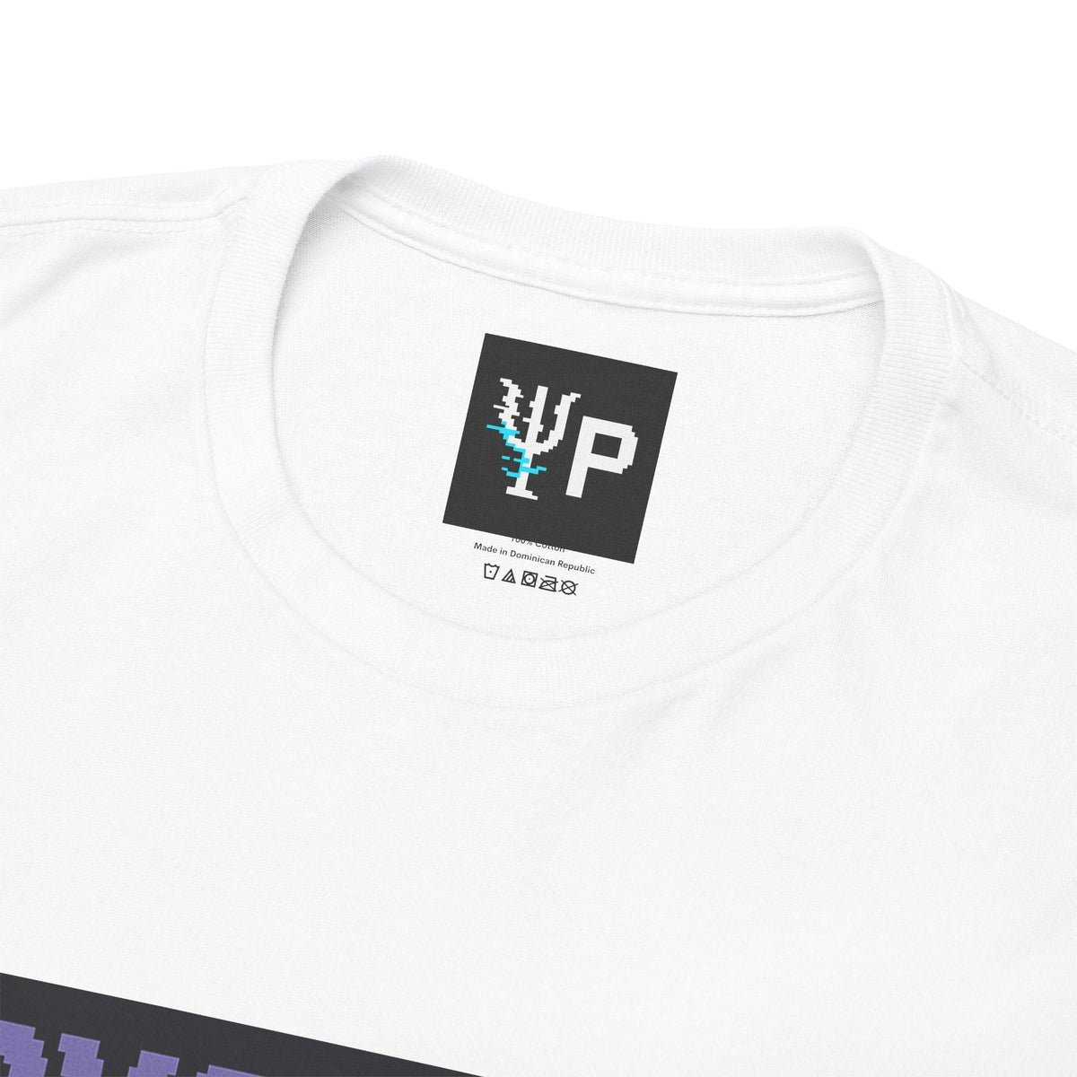 Pixelated Physics neck label inside the white Cryo Fault physics T-shirt