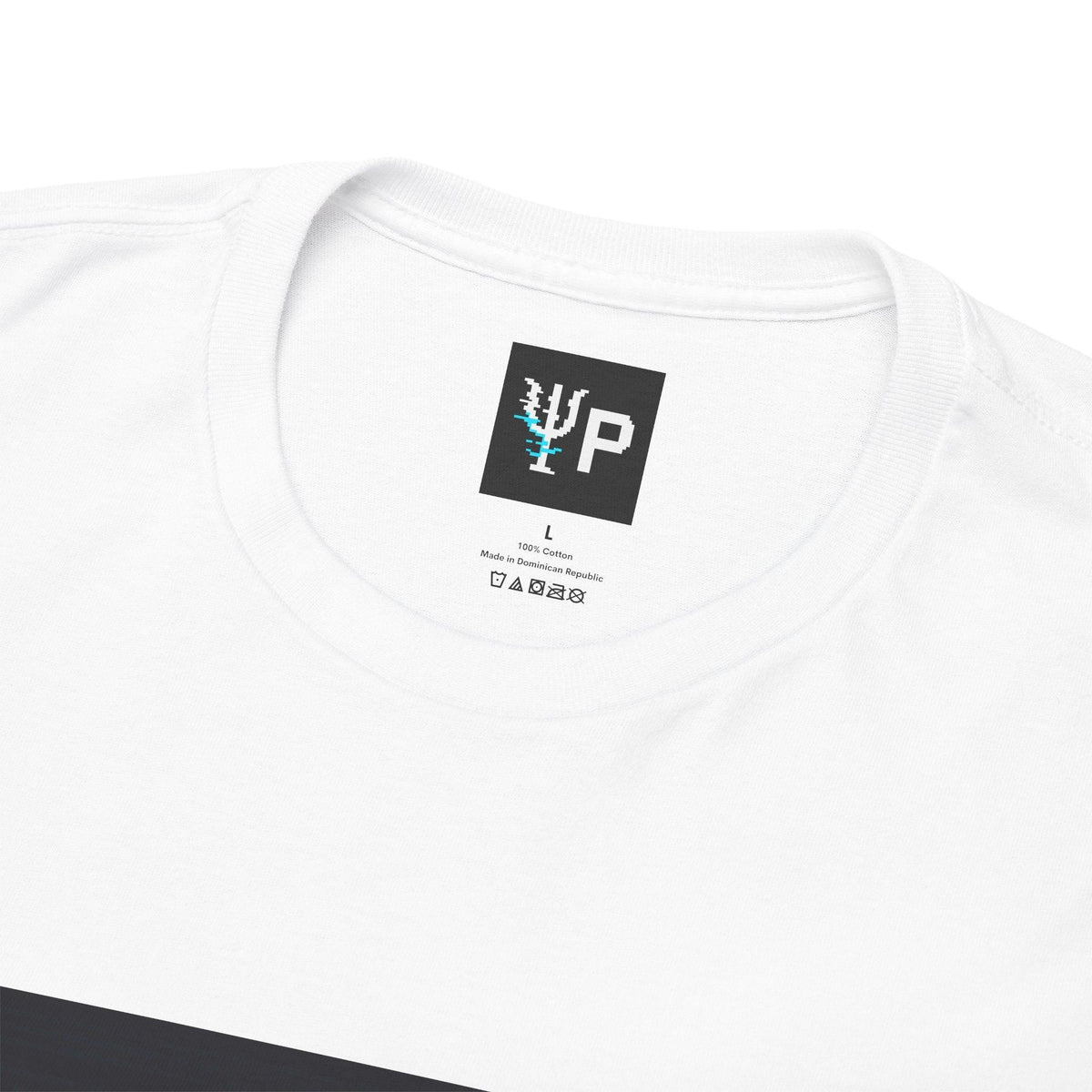 Pixelated Physics neck label inside the white Δ-X physics T-shirt