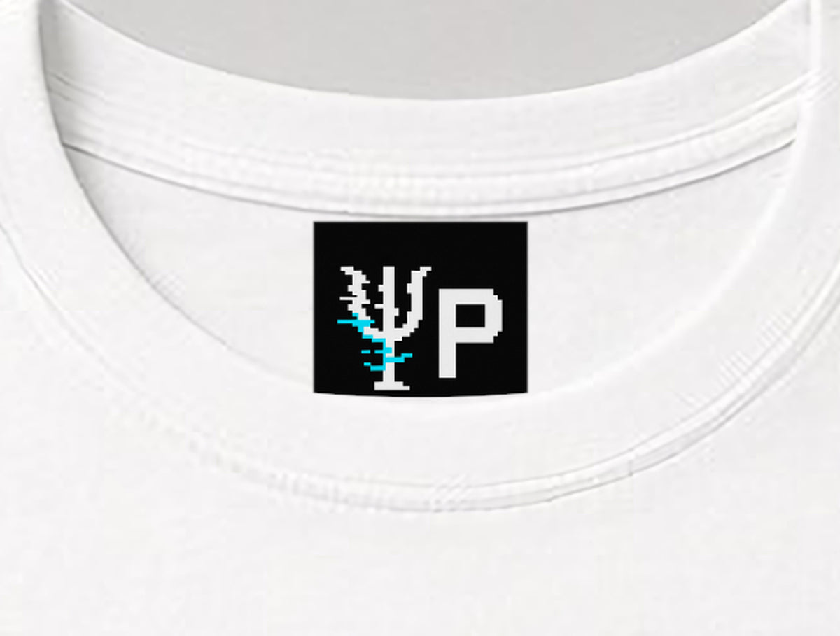 Pixelated Physics neck label inside the white Exclusor physics T-shirt