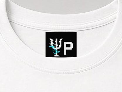 Pixelated Physics neck label inside the white Exclusor physics T-shirt