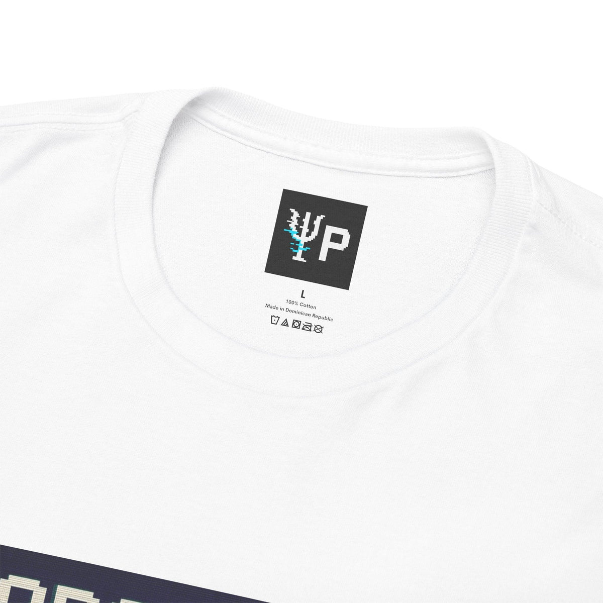 Pixelated Physics neck label inside the white ForceShift physics T-shirt
