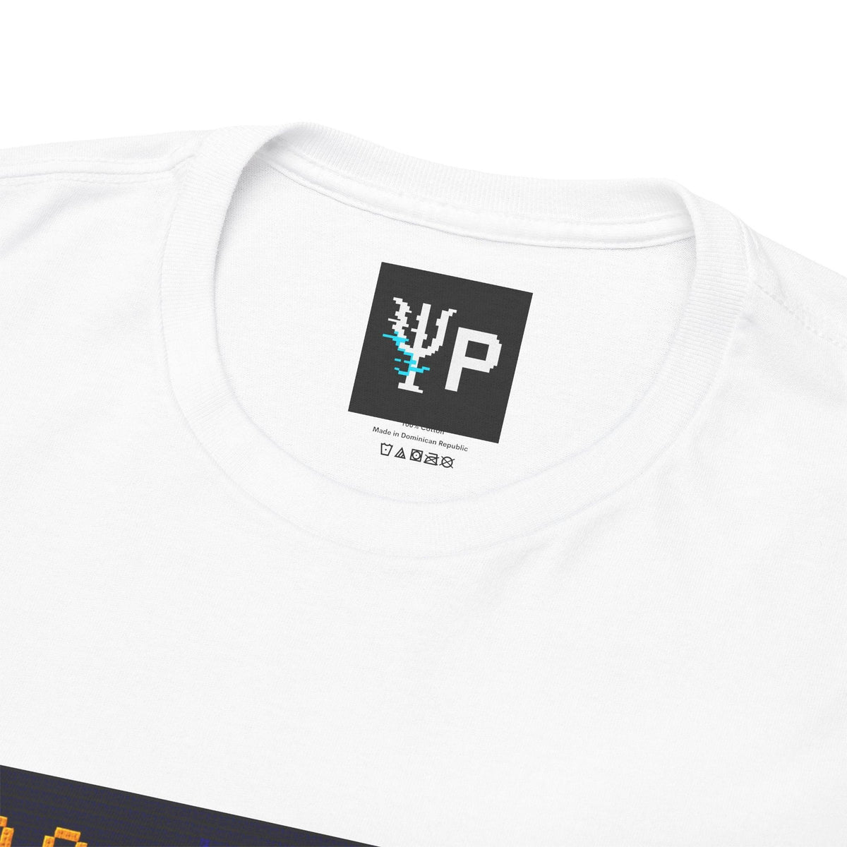 Pixelated Physics neck label inside the white Gravity's First Punch physics T-shirt