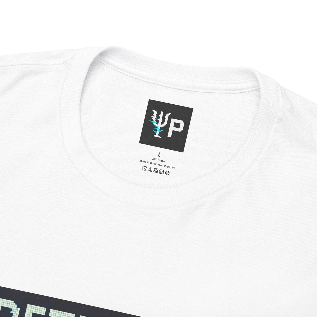 Pixelated Physics neck label inside the white Indeterminax physics T-shirt