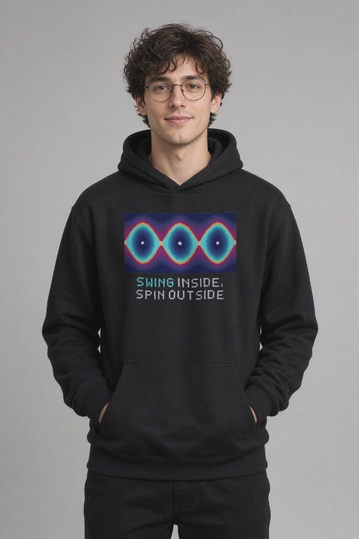 Black Pendulum Phase Space physics hoodie, pixel-art pendulum phase portrait design, turning on a model