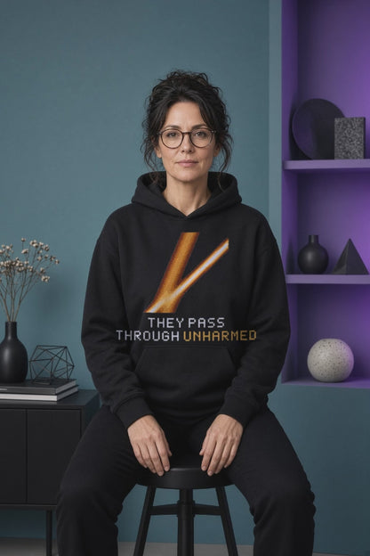 Black Soliton physics hoodie, pixel-art KdV soliton collision design, turning on a model