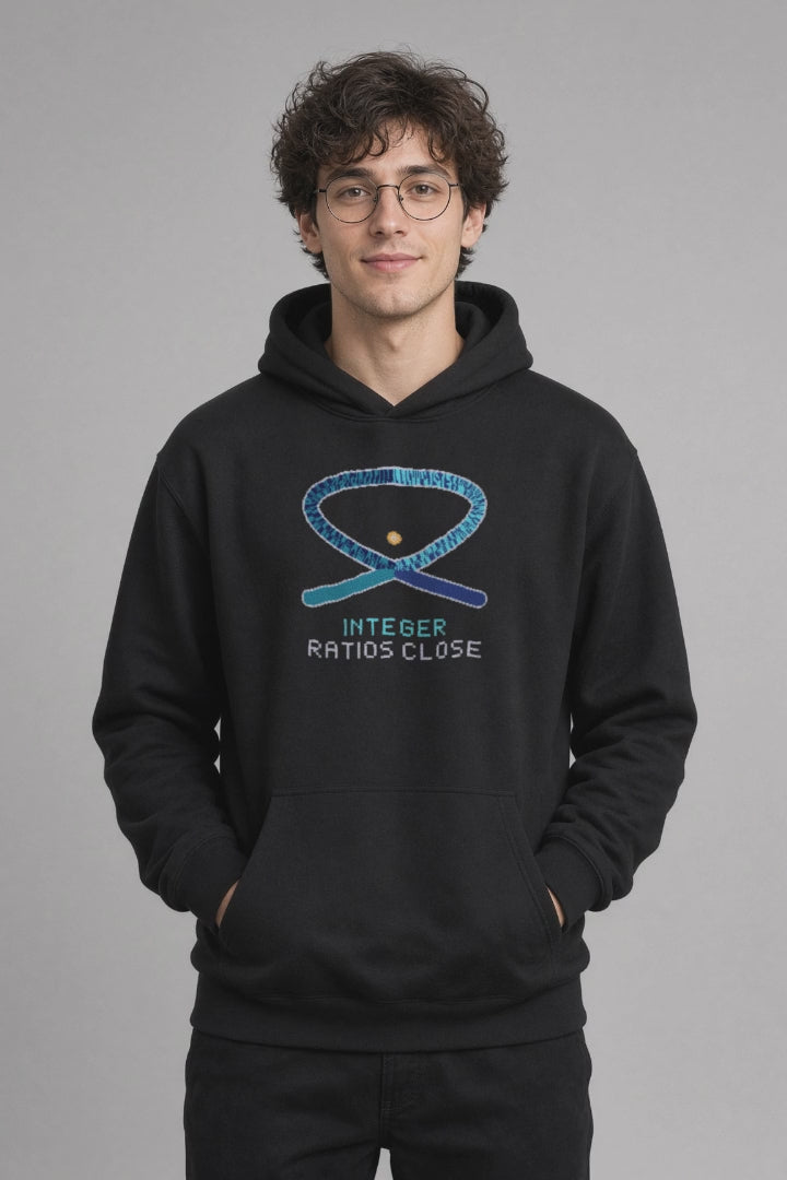 Black Lissajous physics hoodie, pixel-art Lissajous figure 3:2 phase π/2 design, turning on a model