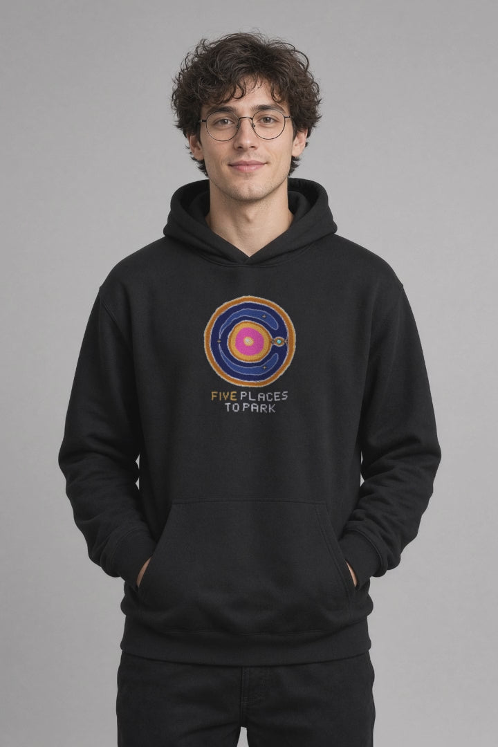 Black Lagrange Points physics hoodie, pixel-art Lagrange points design, turning on a model
