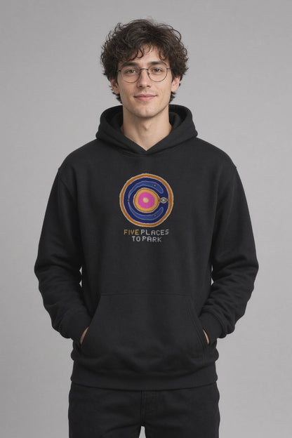 Black Lagrange Points physics hoodie, pixel-art Lagrange points design, turning on a model