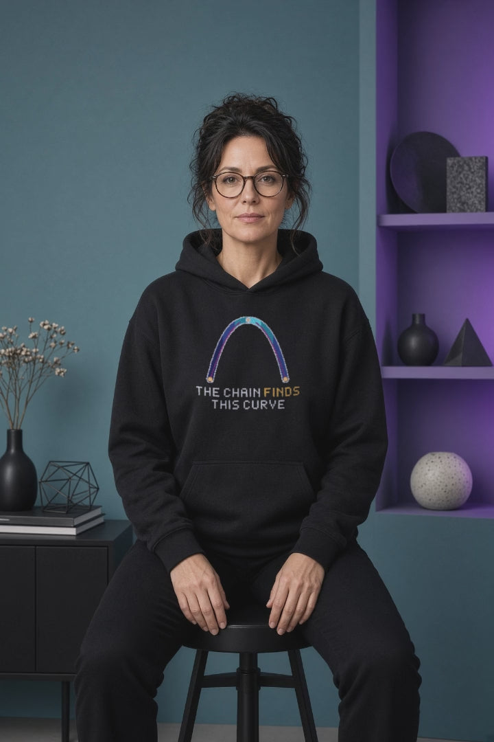Black Catenary physics hoodie, pixel-art hanging chain / flexible cable under gravity design, turning on a model