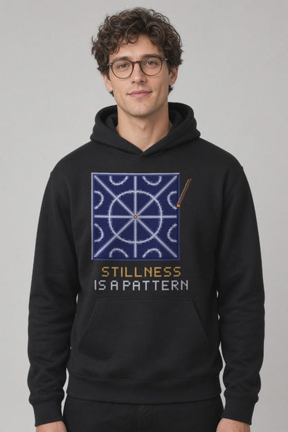 Black Nodal Lines physics hoodie, pixel-art Chladni figure design, turning on a model