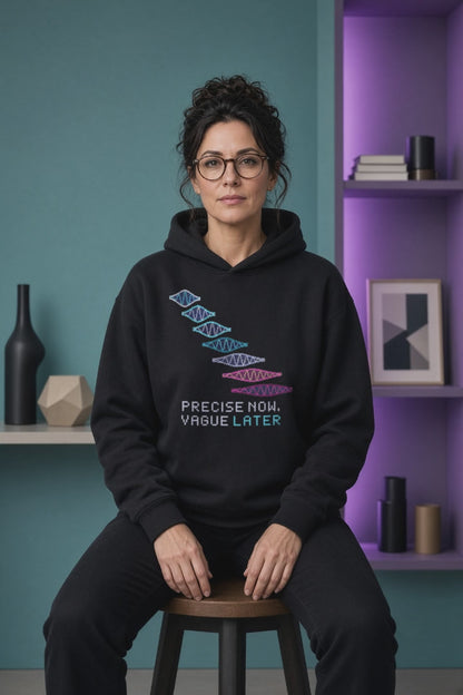 Black Wave Packet physics hoodie, pixel-art free wave packet spreading design, turning on a model