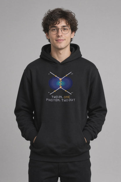 Black Feynman Diagram physics hoodie, pixel-art electron-positron annihilation design, turning on a model