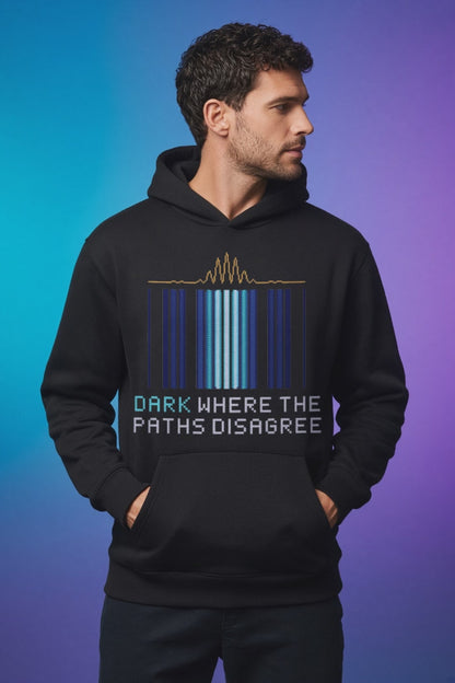 Black Double Slit physics hoodie, pixel-art double-slit interference design, turning on a model