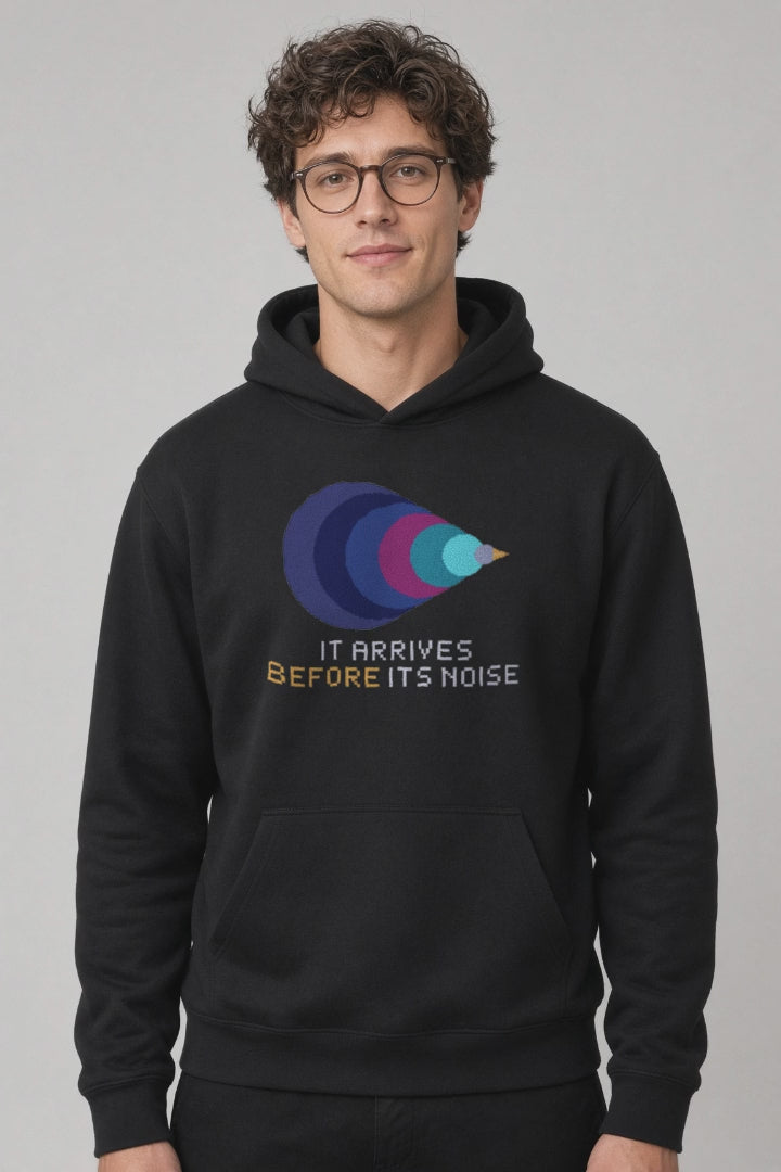 Black Mach Cone physics hoodie, pixel-art Mach cone shock wave design, turning on a model