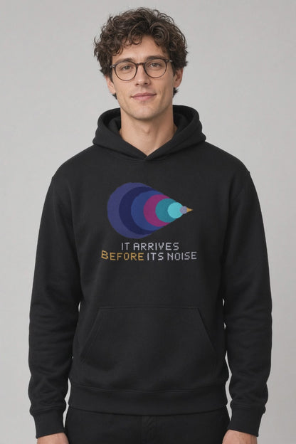 Black Mach Cone physics hoodie, pixel-art Mach cone shock wave design, turning on a model