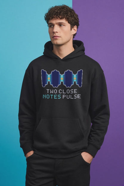 Black Beats physics hoodie, pixel-art acoustic beats from two close tones design, turning on a model