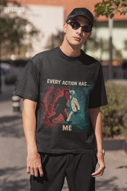 Every Action Has... Me worn on a model – Pixelated Physics