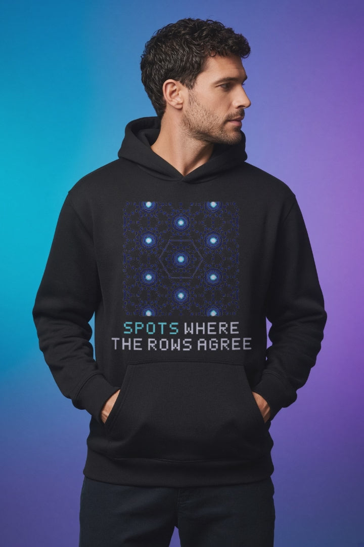 Black Diffraction physics hoodie, pixel-art crystal diffraction design, turning on a model