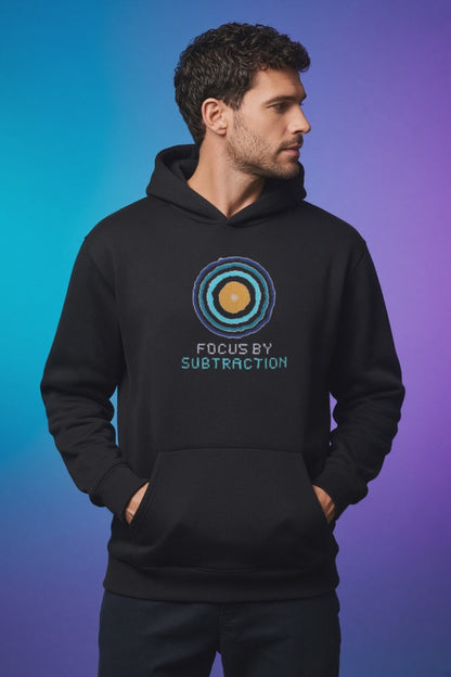 Black Zone Plate physics hoodie, pixel-art Fresnel zone plate design, turning on a model