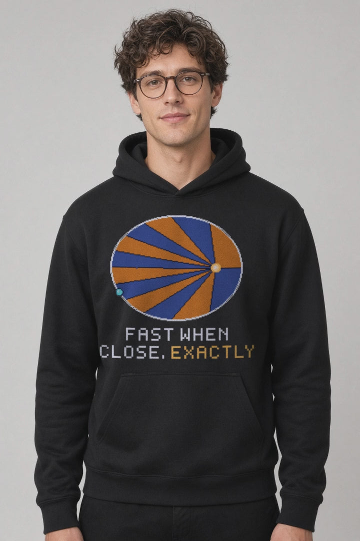 Black Kepler Orbit physics hoodie, pixel-art Kepler’s second law design, turning on a model