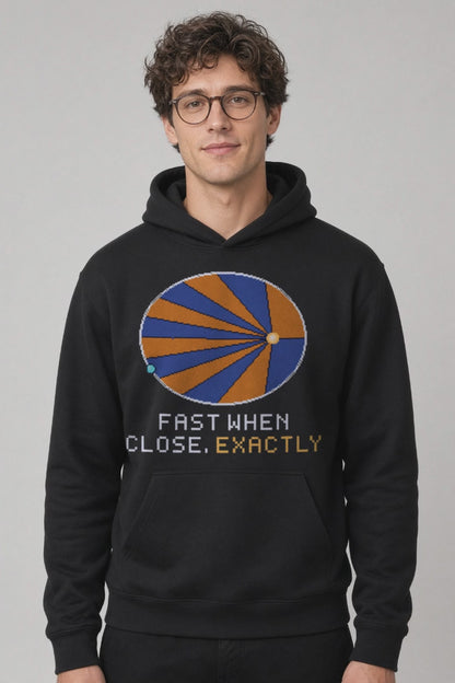 Black Kepler Orbit physics hoodie, pixel-art Kepler’s second law design, turning on a model