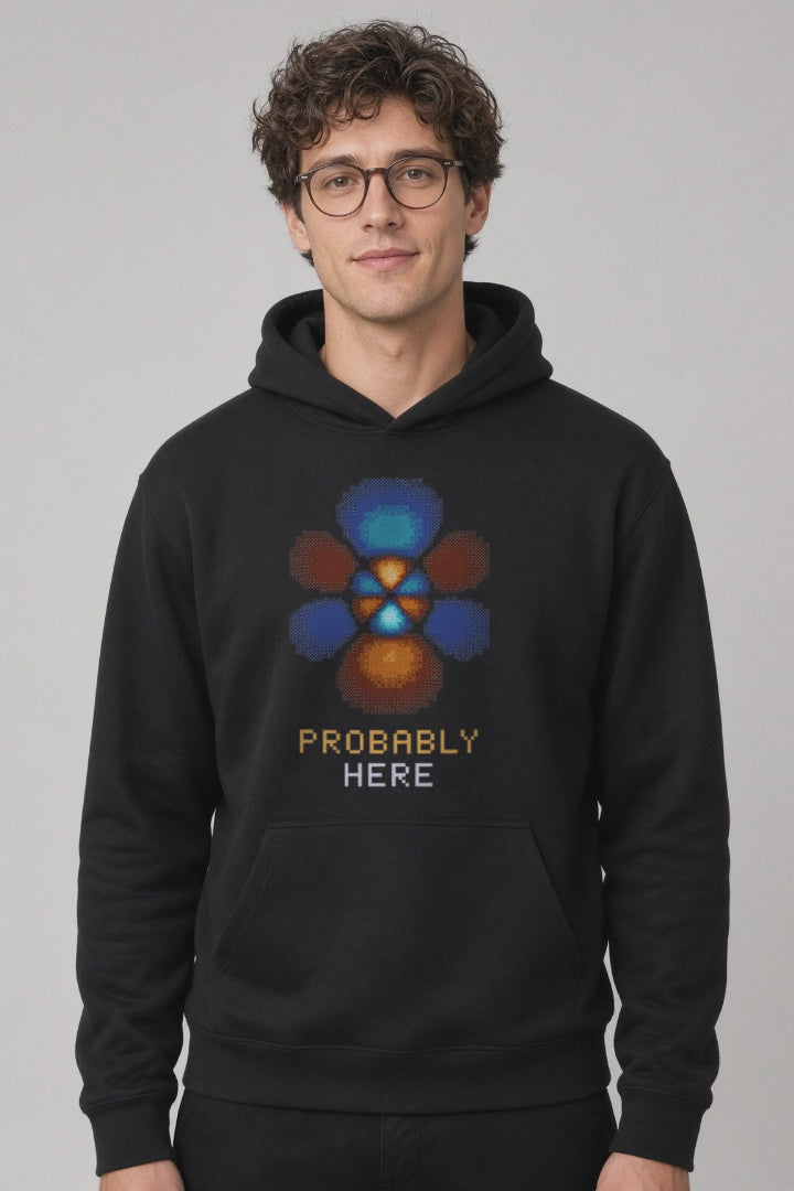 Black Probability Cloud physics hoodie, pixel-art hydrogen 5f orbital design, turning on a model