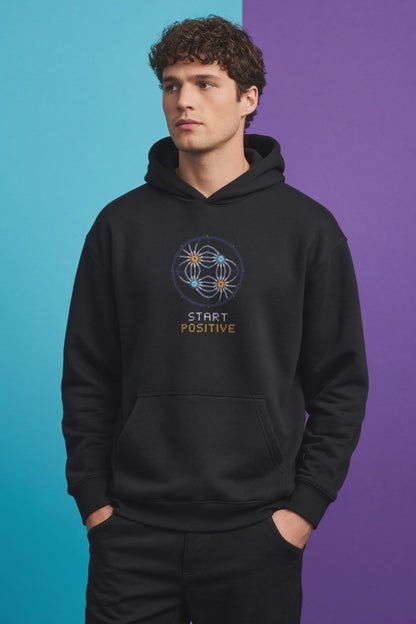 Black Field Lines physics hoodie, pixel-art electric quadrupole field design, turning on a model